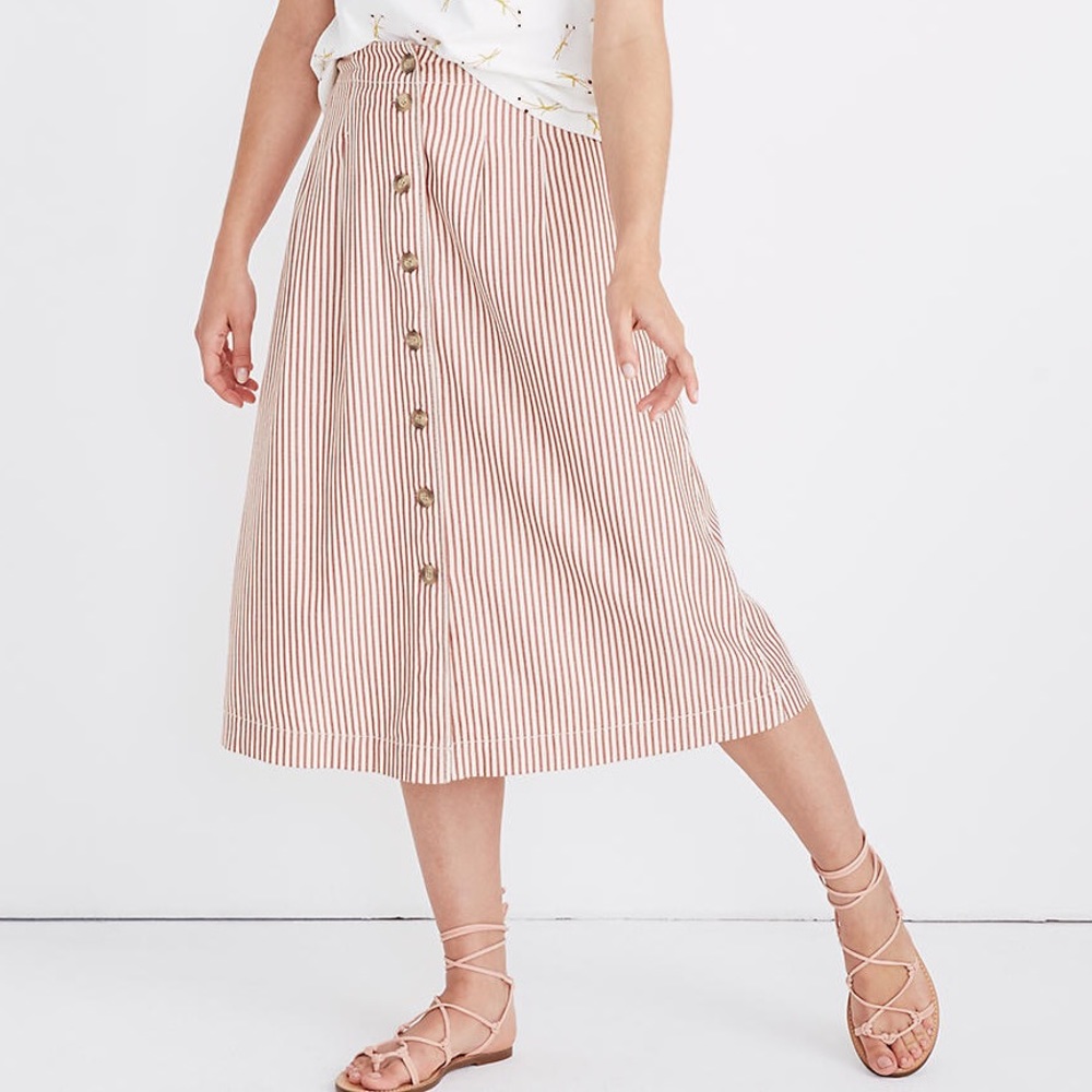 Madewell Patio Button-Front Midi Skirt in Clay Stripe